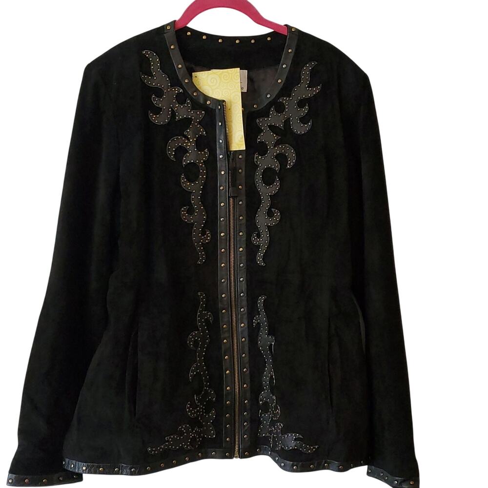Linea Louis Dell'Olio Suede black jacket XL Gold Tone Stud Design Pockets NWT
